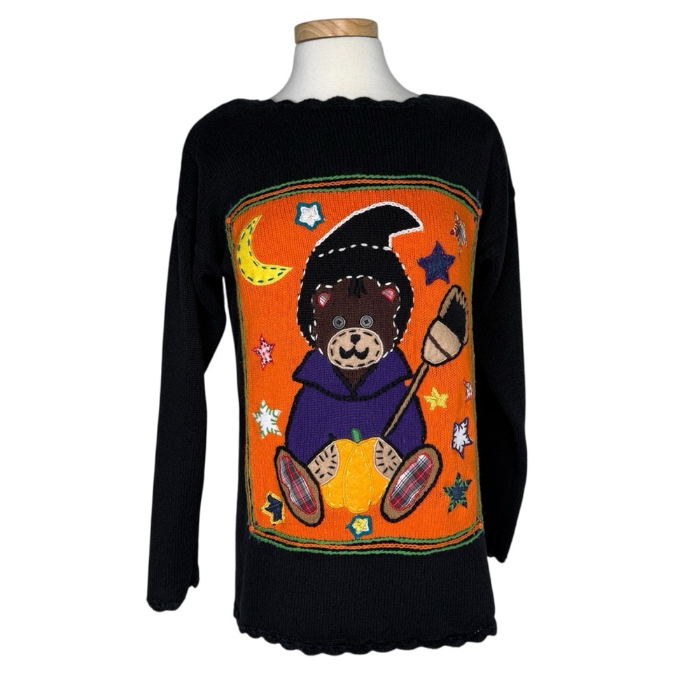 VTG 1990s YarnWorks Embroidered Halloween Sweater M Teddy Bear Witch Button Eyes